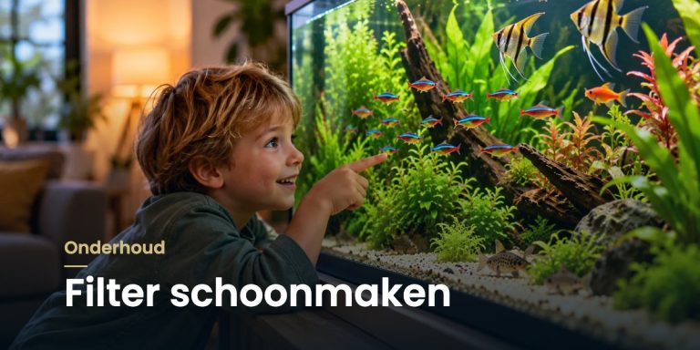 Kind wijst naar de neons in het aquarium, met de titel "Filter schoonmaken"